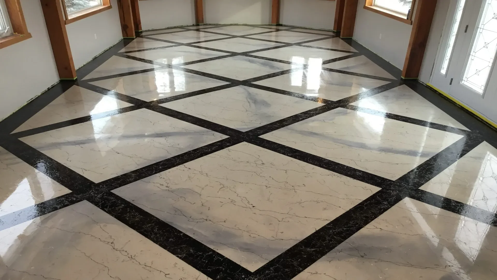Italian Marble epoxy flooring with grid pattern installed by TVS Coatings in Idaho for a luxury tile-style finish